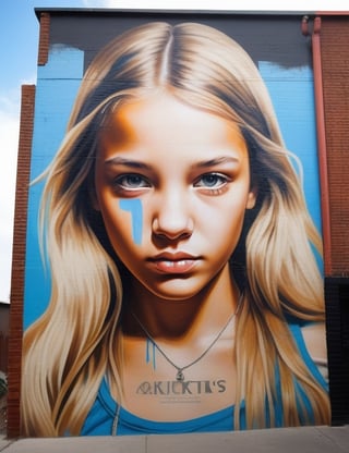 Create a captivating graphite mural on a wall featuring a 15-year-old Argentine girl with fair skin, long, straight blonde hair. Focus on a close-up of her face, bringing out intricate details. Draw inspiration from the expressive style of Rone's art, the vibrant color palette of INTI's wall graffiti, and the storytelling approach seen in Fintan Magee's urban murals. Craft a superior wall mural that seamlessly blends these influences into an outstanding portrayal.

