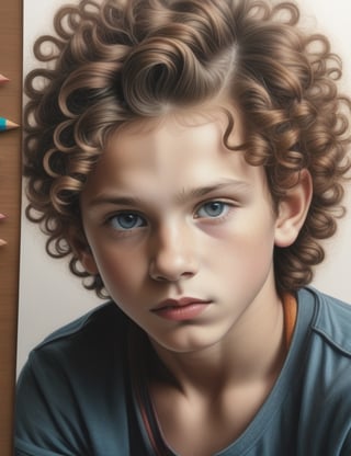 Create a detailed colored pencil artwork, portraying a 10-year-old boy of Amazonian origin with white skin, spiky and curly hair, drawn on a sheet. Focus on a close-up of his face, intricately capturing details in the style of colored pencil art. Draw inspiration from the intricate details of Marco Mazzoni's colored pencil art, the colorful and expressive works of Polina Bright, and the realistic and detailed style of Karla Mialynne in colored pencil drawings. Craft a superior colored pencil artwork that seamlessly blends these influences into an outstanding portrayal.

