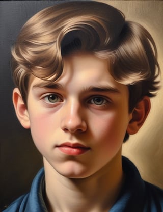 Create a captivating fusion of oil painting and isometric art on a canvas, depicting a 15-year-old Swiss boy with fair skin, short, coiled hair. Focus on a close-up of his face, intricately capturing details. Draw inspiration from the mastery of Rembrandt's oil paintings, the playful isometric compositions of eBoy, and the emotive quality of Ivan Kramskoi's oil portraits. Craft a superior artwork that seamlessly blends these influences into an outstanding portrayal.

