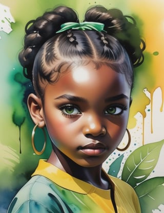 Craft a captivating splash artwork with vibrant watercolor-style colors, portraying a 10-year-old African girl with dark black skin and tightly curled, unified hair adorned with vibrant green highlights. Focus on a close-up of her face, intricately capturing details in the style of watercolor splashes. Draw inspiration from the vibrant works of Yellena James, the splash art of Corinne Viner, and the expressive watercolors of Joseph Zbukvic. Create a superior splash artwork that seamlessly blends these influences into an outstanding portrayal.

