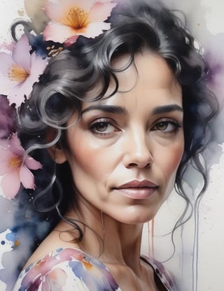 Capture the ethereal beauty of a Brazilian woman in her 50s with a rich, moreno skin tone and cascading, graying, curly hair. Focus on a close-up of her face, immersed in the delicate details of a floral dress. Channel the intricate aquarelle techniques of Agnes Cecile, infuse the portrait with the emotive depth seen in Katie Jobling's close-ups, and embody the subtle yet expressive portraiture style of Marcela Strasdas. Deliver a masterpiece that seamlessly blends these influences into a superior watercolor portrayal.

