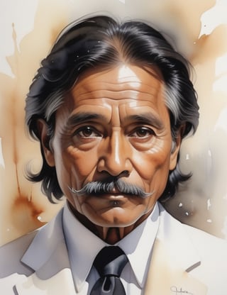 Capture the wisdom of a 60-year-old Bolivian man with fair skin, caramel-colored coiled hair, small black mustache, and deep black eyes, dressed in a luminous, glossy white suit. Focus on a close-up of his face, diving into the intricate details. Channel the aquarelle finesse of Lorraine Watry, infuse the nuanced expressiveness seen in Anna Brigitta Kovacs' close-ups, and incorporate the subtle portraiture style of Karlyn Holman's watercolor works. Deliver a superior watercolor masterpiece that seamlessly blends these influences into an exceptional portrayal.

