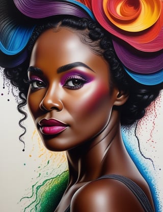 Create a vibrant crayon art piece, portraying a 50-year-old Russian woman with black skin, and tightly curled, wavy hair. Focus on a close-up of her face, intricately capturing details in the style of crayon art. Draw inspiration from the colorful works of Tim Jeffs in crayon, crayon art by Don Marco, and the vibrant style of Ester Roi in crayon drawings. Craft a superior crayon art piece that seamlessly blends these influences into an outstanding portrayal.

