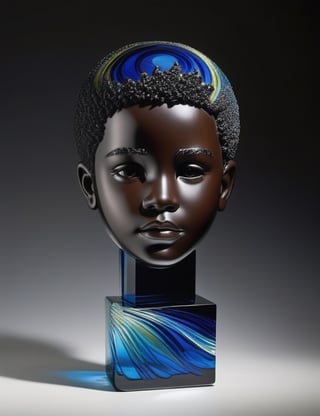 Craft a captivating glass artwork, portraying a 10-year-old Brazilian boy with rich black skin, short, straight black hair, and a close-up of his face. Intricately capture details using the medium of glass. Draw inspiration from the contemporary glass artistry of Kait Rhoads, the glass sculptures of Dale Chihuly, and the glass art of Debora Moore. Create a superior glass artwork that seamlessly blends these influences into an outstanding portrayal.

