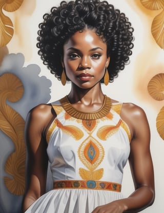 "Craft a stunning 4K watercolor painting depicting the grace of an African woman. Concentrate on intricate details, showcasing her deep black, short, curly hair, and a luminous white dress. The composition should offer a frontal, close-up view of her face. Aim for extreme details reminiscent of artists like Kehinde Wiley, Mary Whyte, and Wangechi Mutu."

