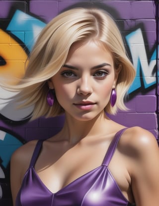 Create a vibrant graffiti mural portraying a 20-year-old Spanish woman with short, straight, blonde hair, fair skin, and wearing a shiny purple dress. Emphasize a close-up of her face, capturing the essence of her personality and style. Let the graffiti style blend with the details of her features, ensuring an urban and dynamic feel.

