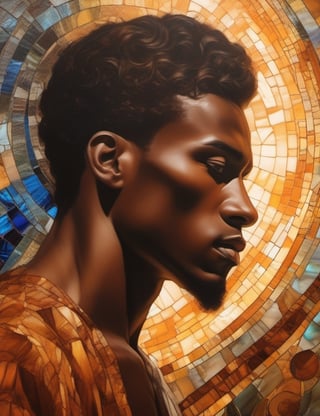 Capture the radiant essence of stained glass painting portraying a 20-year-old man of African descent. His crisp, caramel-hued curls frame a face with a rich, dark mocha complexion. In this close-up, the brilliance of a lustrous white suit enhances his dignified presence. Explore the interplay of vibrant tones, translating the intricate play of light through the glass medium onto his features. Illuminate the intricate patterns of his hair, the nuanced expressions in his eyes, and the cultural significance embedded in every stroke.


,photorealistic,ink 