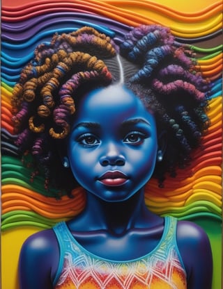 Create a vibrant crayon art piece, portraying a 10-year-old African-American girl with black skin and tightly curled, wavy hair. Focus on a close-up of her face, intricately capturing details in the style of crayon art. Draw inspiration from the colorful works of Tim Jeffs in crayon, crayon art by Don Marco, and the vibrant style of Ester Roi in crayon drawings. Craft a superior crayon art piece that seamlessly blends these influences into an outstanding portrayal.

