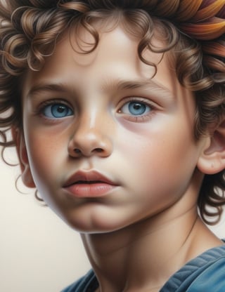 Create a detailed colored pencil artwork, portraying a 10-year-old boy of Amazonian origin with white skin, spiky and curly hair, drawn on a sheet. Focus on a close-up of his face, intricately capturing details in the style of colored pencil art. Draw inspiration from the intricate details of Marco Mazzoni's colored pencil art, the colorful and expressive works of Polina Bright, and the realistic and detailed style of Karla Mialynne in colored pencil drawings. Craft a superior colored pencil artwork that seamlessly blends these influences into an outstanding portrayal.

