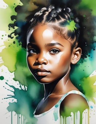 Craft a captivating splash artwork with vibrant watercolor-style colors, portraying a 10-year-old African girl with dark black skin and tightly curled, unified hair adorned with vibrant green highlights. Focus on a close-up of her face, intricately capturing details in the style of watercolor splashes. Draw inspiration from the vibrant works of Yellena James, the splash art of Corinne Viner, and the expressive watercolors of Joseph Zbukvic. Create a superior splash artwork that seamlessly blends these influences into an outstanding portrayal.

