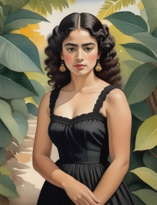 "Craft an exquisite 4K watercolor painting portraying the allure of a Mexican woman. Pay meticulous attention to details, depicting her warm, bronzed complexion, short, curly black hair, and a simple black dress. The composition should feature a frontal, close-up view of her face. Strive for extreme details inspired by artists like Diego Rivera, Frida Kahlo, and Winslow Homer."

