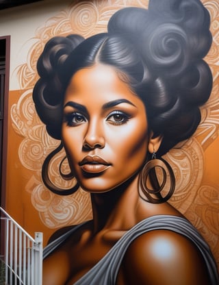 Craft an evocative graphite mural on a wall featuring a 30-year-old Venezuelan woman with caramel skin and tightly curled, brown-hued hair. Focus on a close-up of her face, intricately capturing details. Draw inspiration from the muralistic elegance of El Mac's art, the vibrant and symbolic storytelling found in Gleo's wall graffiti, and the fantastical world-building approach of Curiot's urban murals. Create a superior wall mural that seamlessly blends these influences into an exceptional portrayal.

