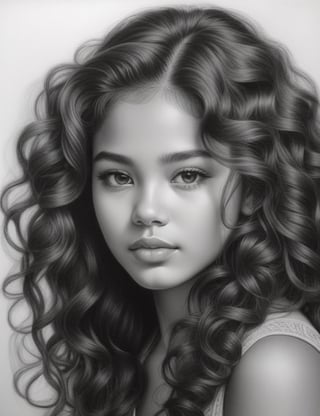 Create an intricate black and white pencil drawing artwork, portraying a 14-year-old girl of sertanejo origin with long, loose, and large curly hair. Focus on a close-up of her face, intricately capturing details in the style of black and white pencil drawing. Draw inspiration from the intricate details in pencil portraits by Diego Fazio, the expressiveness and realism in black and white portrait drawings by Paul Lung, and the unique style of Morgan Davidson in pencil portraits. Craft a superior black and white pencil drawing that seamlessly blends these influences into an outstanding portrayal.

