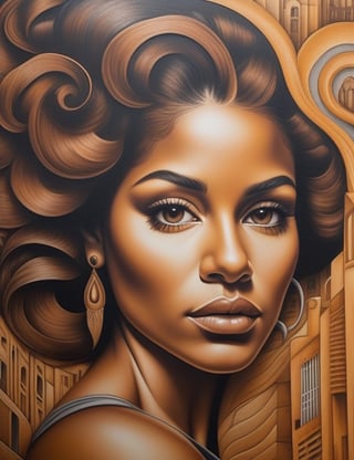 Craft an evocative graphite mural on a wall featuring a 30-year-old Venezuelan woman with caramel skin and tightly curled, brown-hued hair. Focus on a close-up of her face, intricately capturing details. Draw inspiration from the muralistic elegance of El Mac's art, the vibrant and symbolic storytelling found in Gleo's wall graffiti, and the fantastical world-building approach of Curiot's urban murals. Create a superior wall mural that seamlessly blends these influences into an exceptional portrayal.

