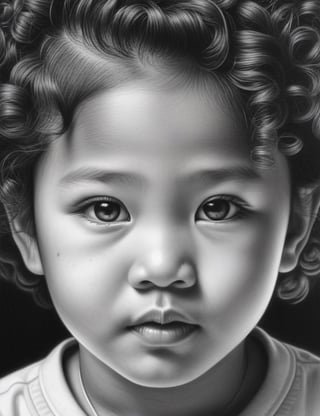 Create an intricate black and white pencil drawing artwork, portraying a 5-year-old Asian child with curly hair. Focus on a close-up of the child's face, intricately capturing details in the style of black and white pencil drawing. Draw inspiration from the intricate details in pencil portraits by Diego Fazio, the expressiveness and realism in black and white portrait drawings by Paul Lung, and the unique style of Morgan Davidson in pencil portraits. Craft a superior black and white pencil drawing that seamlessly blends these influences into an outstanding portrayal.

