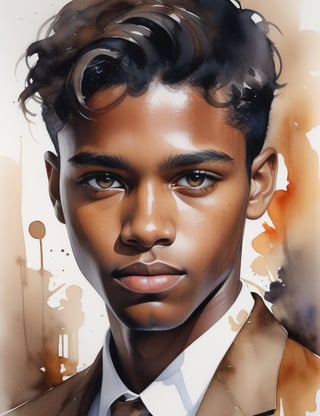 Capture the unique essence of a 15-year-old Dutch boy with rich, ebony skin, tightly coiled black hair, caramel-colored eyes, and dressed in a luminous, glossy brown suit. Zoom in for a close-up of his face, immersing in the intricate details. Channel the aquarelle finesse of Thomas W. Schaller, infuse the emotional depth seen in Agnes Cecile's close-ups, and incorporate the vivid expressiveness of Alvaro Castagnet's watercolor portraits. Deliver a superior watercolor masterpiece that seamlessly blends these influences into an exceptional portrayal.

