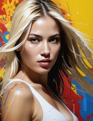 "Craft a dynamic splash art piece in high resolution, featuring a 25-year-old Colombian woman. Capture the essence of her with striking details—white skin, long straight blonde hair. The composition should be a close-up of her face, emphasizing the spontaneity and energy found in artists like Hua Tunan, Jackson Pollock, and Emanuele Dascanio."

