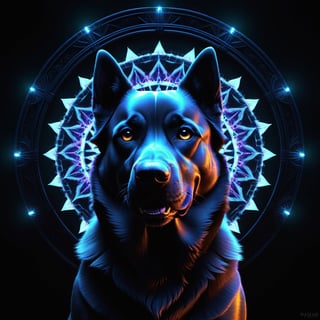 dog , symmetry, polygonal elements, fractal line, mandala , lights, cristal, oil painting, sculpture, avant-garde art, dark environment, horror, the shadow, hyperrealistic, movie poster, ink details, 3d render, neon lights