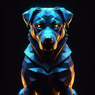 dog , symmetry, polygonal elements, fractal line, lights, cristal, oil painting, sculpture, avant-garde art, dark environment, horror, the shadow, hyperrealistic, movie poster, ink details, 3d render, neon lights