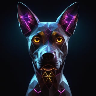 dog , symmetry, polygonal elements, fractal line, lights, cristal, oil painting, sculpture, avant-garde art, dark environment, horror, the shadow, hyperrealistic, movie poster, ink details, 3d render, neon lights