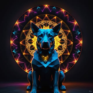 dog , symmetry, polygonal elements, fractal line, mandala , lights, cristal, oil painting, sculpture, avant-garde art, dark environment, horror, the shadow, hyperrealistic, movie poster, ink details, 3d render, neon lights