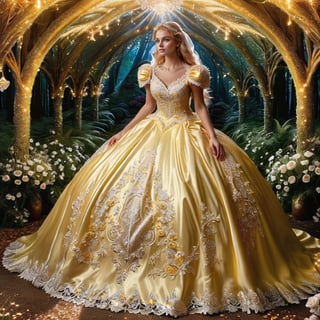 light spills through the enchanted forest, illuminating a vision in a flowing yellow wedding ballgown. Delicate embroidery shimmers with every step, and a cathedral veil cascades down her back like a waterfall of moonlight. A radiant bride, ready to begin her happily ever after in this magical fairyland,glitter,Ba11g0wn ,FuturEvoLabWedding,wedding dress