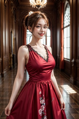 (best quality:1.4), (detailed:1.3), (RAW photo:1.2), highres, intricate, 8K wallpaper, cinematic lighting, photorealistic, one girl, female_solo, red hair, folded ponytail, glasses, princess dress, floral dress, very long dress, sleeveless, beautiful makeup, red lipstick, inside a castle, chandeliers, well lit room, large room, (large crowd of people:1.3), blushing, cute smile