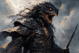 Create a portrait of the main antagonist of the demigod, he has long, flowing hair the color of storm clouds, serpentine creature with scales as black as night, glowing eyes like lightning, and razor-sharp teeth. </br> It is impossible to tell its age or gender as it is a mythological creature. captivating with mystery and at the same time repulsive, from whose gaze your throat dries up and you are speechless, but you can feel his strong spirit and sense of heroism, so that sometimes you don't understand whether he is a villain or a hero in front of you. Style of Medieval fantasy warrior art by Luis Royo. tan, black, tan, blanchedalmond colors. 8K HD.