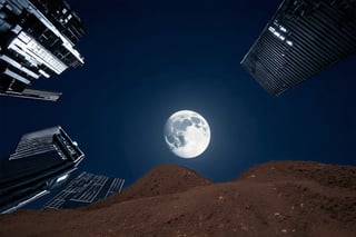 night, dark blue sky with blurry white clouds, full moon, black rectangular skyscrapers with small windows in which white light is visible, metal superstructures are visible at the tops of skyscrapers, brown cubes and a few gray cubes are visible at the base of skyscrapers, the earth is brown mud or clay