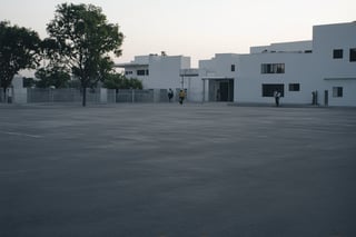 a huge empty asphalt square in the distance one can see massive but not tall rectangular white buildings with narrow black windows, nearby there are smaller rectangular buildings made of brick with square windows and a concrete canopy on the roof, next to them there are not tall trees, a white rectangular building with white edging and large windows, near the buildings you can also see small brick extensions without windows, just in the distance and as if in miniature you can see rectangular buildings with wide large rectangular black windows and white buildings lower but wide with very small black square windows, next to different rare trees are visible behind the buildings, behind all the buildings the yellow sun rises, but it does not dazzle and seems to be in a haze, but all this is as if in the distance and creates the opportunity to examine it all as a whole, and the viewer stands in the middle of perfectly smooth asphalt