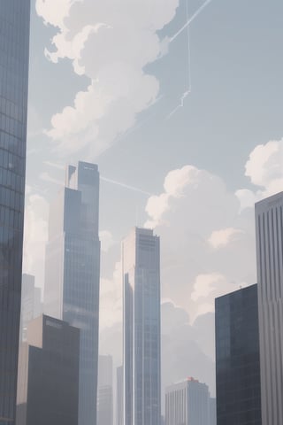 view after a thunderstorm,  light blue sky above,  high cirrus white clouds,  layer of gray stratus clouds,  medium light gray thunderclouds,  low thundery gray and steelblue clouds cityscape skyscrapers