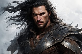 Create a portrait of the main antagonist of the demigod, he has long, flowing hair the color of storm clouds, serpentine creature with scales as black as night, glowing eyes like lightning, and razor-sharp teeth. </br> It is impossible to tell its age or gender as it is a mythological creature. captivating with mystery and at the same time repulsive, from whose gaze your throat dries up and you are speechless, but you can feel his strong spirit and sense of heroism, so that sometimes you don't understand whether he is a villain or a hero in front of you. Style of Medieval fantasy warrior art by Luis Royo. tan, black, tan, blanchedalmond colors. 8K HD.