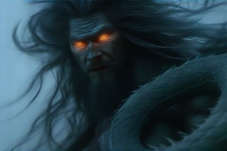 Create a portrait of the main antagonist of the demigod, he has long, flowing hair the color of storm clouds, serpentine creature with scales as black as night, glowing eyes like lightning, and razor-sharp teeth. </br> It is impossible to tell its age or gender as it is a mythological creature. captivating with mystery and at the same time repulsive, from whose gaze your throat dries up and you are speechless, but you can feel his strong spirit and sense of heroism, so that sometimes you don't understand whether he is a villain or a hero in front of you. Style of Medieval fantasy warrior art by Luis Royo. tan, black, tan, blanchedalmond colors. 8K HD.