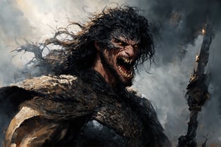 Create a portrait of the main antagonist of the demigod, he has long, flowing hair the color of storm clouds, serpentine creature with scales as black as night, glowing eyes like lightning, and razor-sharp teeth. </br> It is impossible to tell its age or gender as it is a mythological creature. captivating with mystery and at the same time repulsive, from whose gaze your throat dries up and you are speechless, but you can feel his strong spirit and sense of heroism, so that sometimes you don't understand whether he is a villain or a hero in front of you. Style of Medieval fantasy warrior art by Luis Royo. tan, black, tan, blanchedalmond colors. 8K HD.