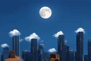 night, dark blue sky with blurry white clouds, full moon, black rectangular skyscrapers with small windows in which white light is visible, metal superstructures are visible at the tops of skyscrapers, brown cubes and a few gray cubes are visible at the base of skyscrapers, the earth is brown mud or clay