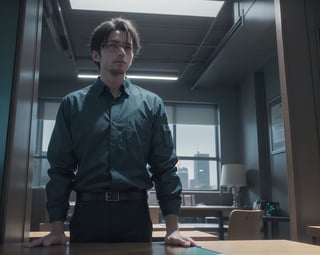 highly detailed photorealistic 3d image of noir style detective standing in office thinking about case, around table with compter led display, night. sky scrapers with white frequent square windows, shades of skyscraper windows are light green, light blue, dark blue, dark turquoise. The roofs of skyscrapers are dark squares or illuminated with a dim blue border seen throught small window with blinds. cinematic lighting, background full sharp, hdr, octane render, unreal engine 5,