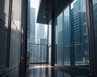 highly detailed photorealistic 3d image of noir style detective standing in office thinking about case, around table with compter led display, night. sky scrapers with white frequent square windows, shades of skyscraper windows are light green, light blue, dark blue, dark turquoise. The roofs of skyscrapers are dark squares or illuminated with a dim blue border seen throught small window with blinds. cinematic lighting, background full sharp, hdr, octane render, unreal engine 5,