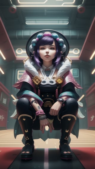 wanderer, best quality, masterpiece, (detailed:1.2), 1girl, mona, squatting, cutesie, witch hat, science fiction, cyberpunk, purple hair, chromatic aberration, outdoors, city, crowd, faceless crowd","wallpaper, 1boy, solo, male focus, tattoo, monochrome, cyberpunk, (chromatic aberration), detailed background, mechanical parts, cable, indoors,pixel art,yunjindef