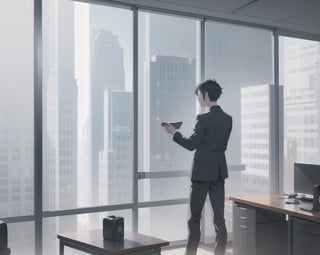 highly detailed photorealistic 3d image of noir style detective standing in office thinking about case, around table with compter led display, night. sky scrapers with white frequent square windows, shades of skyscraper windows are light green, light blue, dark blue, dark turquoise. The roofs of skyscrapers are dark squares or illuminated with a dim blue border seen throught small window with blinds. cinematic lighting, background full sharp, hdr, octane render, unreal engine 5,