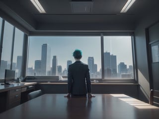 highly detailed photorealistic 3d image of noir style detective standing in office thinking about case, around table with compter led display, night. sky scrapers with white frequent square windows, shades of skyscraper windows are light green, light blue, dark blue, dark turquoise. The roofs of skyscrapers are dark squares or illuminated with a dim blue border seen throught small window with blinds. cinematic lighting, background full sharp, hdr, octane render, unreal engine 5,