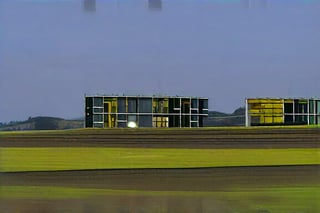 a huge hilly field covered with grass with partially clayey inclusions, green and brown boxes are visible very far away, also behind the hills narrow black skyscrapers with white windows with a yellowish tint are visible, green and brown boxes are visible far away, a dimly lit and dull black building with an orangish glow from sunset, you can see a small white bright advertisement with incomprehensible outlines, black skyscrapers with light yellow windows topped with metal structures standing right in the middle of the field reflect the light of the moon, in the distance you can see small two-story buildings with very small windows and a chimney, a little closer near the skyscrapers you can also see small two-story buildings buildings with very small windows and a chimney, not all skyscrapers are topped with metal structures, the sky on the horizon is from dark red to yellowish which sees off the departing sun, the moon is on the opposite side, the sky is soft blue topped by the moon on the opposite side of the sun, and a few stars, clouds light white very transparent barely visible,