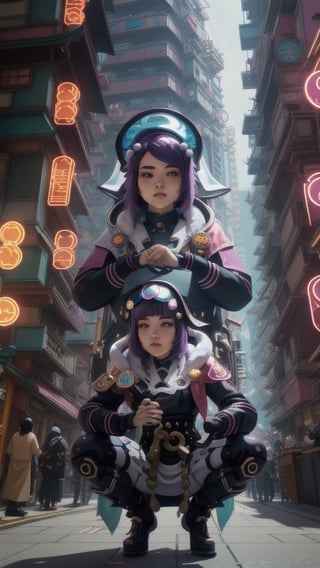 best quality, masterpiece, (detailed:1.2), 1girl, mona, squatting, cutesie, witch hat, science fiction, cyberpunk, purple hair, chromatic aberration, outdoors, city, crowd, faceless crowd","wallpaper, 1boy, solo, male focus, tattoo, monochrome, cyberpunk, (chromatic aberration), detailed background, mechanical parts, cable, indoors,pixel art,yunjindef