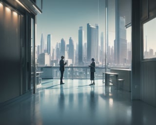 highly detailed photorealistic 3d image of noir style detective standing in office thinking about case, around table with compter led display, night. sky scrapers with white frequent square windows, shades of skyscraper windows are light green, light blue, dark blue, dark turquoise. The roofs of skyscrapers are dark squares or illuminated with a dim blue border seen throught small window with blinds. cinematic lighting, background full sharp, hdr, octane render, unreal engine 5,