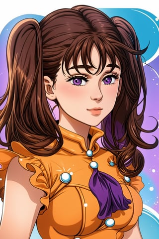 Diane, twintails, brown hair, purple eyes. 