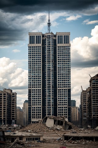 a post apocalyptic city, destroyed buildings, skyscrapers, overcast, buildings collapsing

pov sky