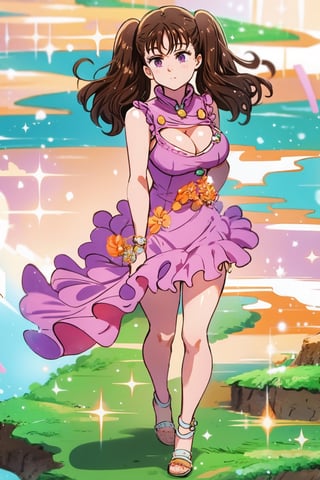 Diane, twintails, brown hair, purple eyes, Clevage. Green hills in her background.
