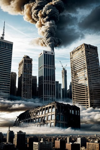 a post apocalyptic city, destroyed buildings, skyscrapers, overcast, buildings collapsing

pov sky