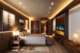 luxurious bedroom interior,  ((masterpiece)), high quality, raw photo, ((best quality)),   ,High detailed ,walnut,interior,housearch_Industrial,Vintage design,archminimalist,housearch_japandi,Color magic,minimalist living room,Saturated colors