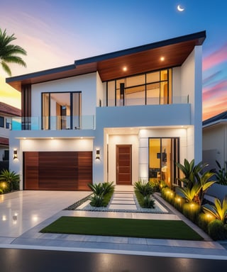 (best quality, masterpiece, high_resolution:1.5),Ultra-realistic 8k, hd image quality, sharp detail, 2-story modern house, main materials: white walls, wooden ceiling accents, large glass windows, roads, cars, sidewalks, American Palm trees high, has a small alley, located in a residential area, modern style, shimmering sky, sunset light, feels peaceful, beautiful, close and warm, ((Warm light from indoor:1.3)), (daylight:1.2), perfect lighting,dynamic light,2 large glass doors,((1 large glass window:1.3)), (night light), (colorful flowers in front of the house). Night light from lamps and moon,modern style roof,Wonder of Art and Beauty.