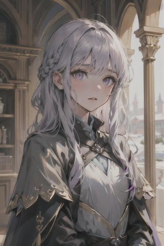 (beauty girl), (ultra-high picture quality), (masterpiece, best quality, highres:1.3), ultra resolution image, (1girl), (solo), female, Game of Thrones, ((purple eyes)), silver-gold hair, flowing gown, slender, atheltic, delicate yet regal face, high cheekbones, a small nose,